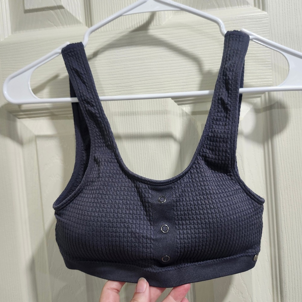 Lucky Brand Women Charcoal Gray Waffle Seamless Sports Bra Snap Front Detail S